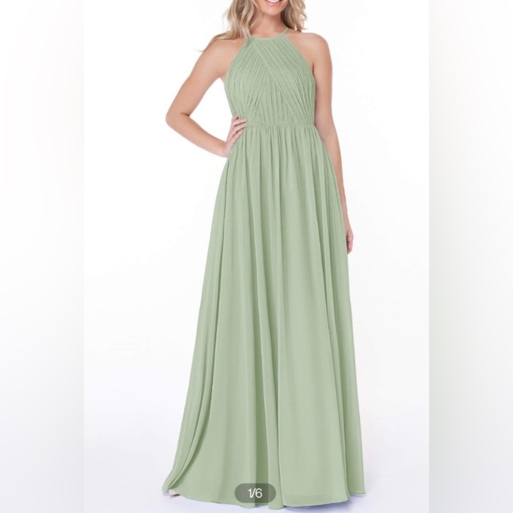 Azazie “Joy” Dusty Sage Green Halter Maxi bridesmaid dress Chiffon